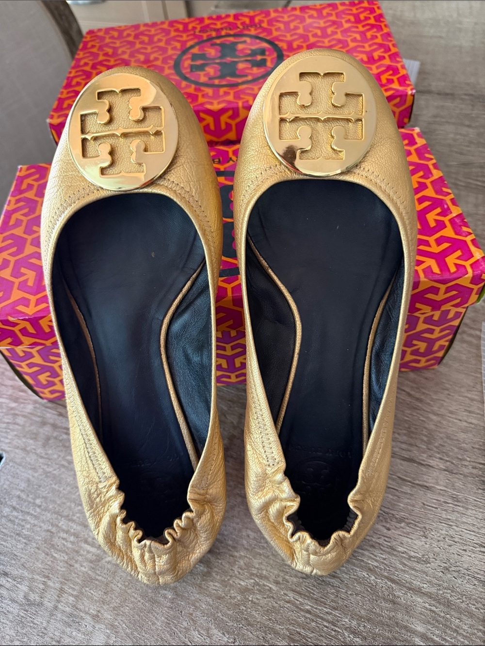 Tory Burch Metallic Gold Logo Ballet Flats